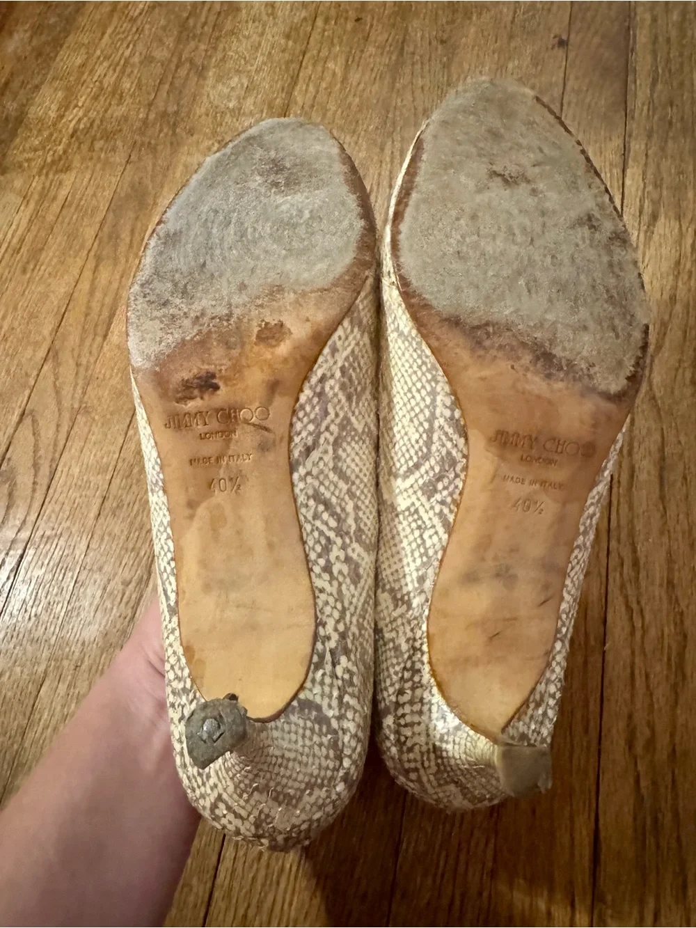 Jimmy Choo Beige Snake-Print Peep Toe Heels - 40.5